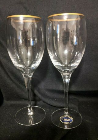 2 Lenox Eclipse Wine Lead Crystal Glass Hand Blown Vintage Stem Gold Rim 7 5/8 "