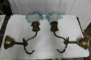 Lovely Antique Pair Figural Winged Angel Wall Sconce With Victorian Glass Shade