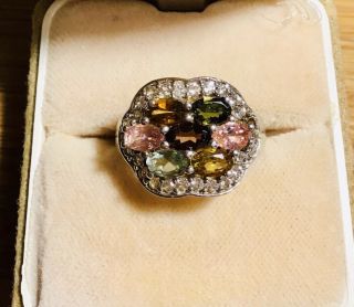 Vintage Look 925 Solid Silver Ring With Multi Gemstones Tggc Size L