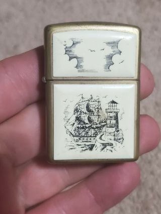 Vintage Brass Zippo Cigarette Lighter Scrimshaw Ship Lighthouse Ivory Look