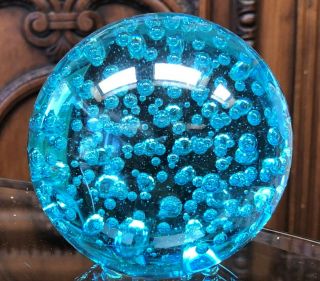 Vintage Art Glass Handblown Paperweight With Controlled Bubbles 3.  5” Blue