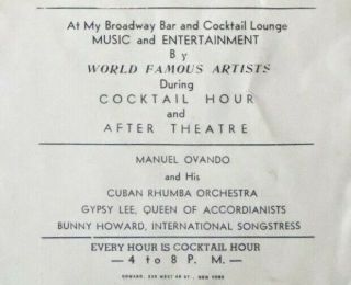 Vintage 1938 Fold - Out Menu for Jack Dempsey ' s Broadway Bar & Cocktail Lounge NYC 3