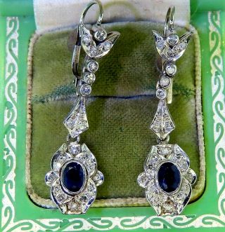 Vintage Palladium Art Deco Antique Sapphire Diamond Filigree Drop Earrings Sp