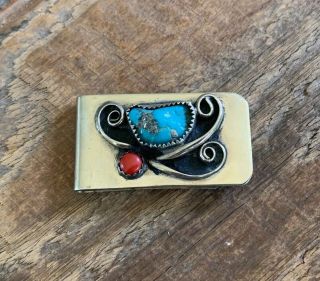 Vintage Sterling Silver Turquoise Nugget Coral Handmade Navajo Money Clip