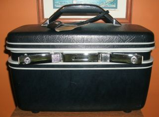 Vintage Samsonite Silhouette Train Makeup Case Hard Shell Luggage Navy Blue EUC 2