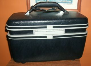 Vintage Samsonite Silhouette Train Makeup Case Hard Shell Luggage Navy Blue EUC 3