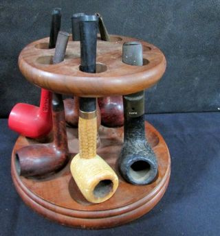 Six Vintage Estate Tobacco Pipes With Wooden Pipe Holder