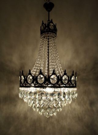 Antique French Basket Style Brass & Crystals Huge Chandelier From 1950 
