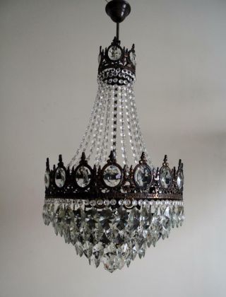 Antique French Basket Style Brass & Crystals HUGE Chandelier from 1950 ' s 2