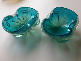 2 Vintage Matching Art Glass Ashtrays Heavy Blue Mcm Mid Century Modern Murano