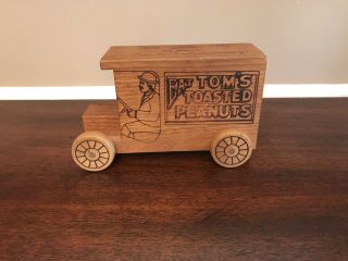 Vintage “eat Tom’s Toasted Peanuts” Wooden Truck Bank