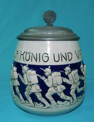 Antique Germany German Ww1 Hindenburg Ceramic Lidded Beer Stein Mug