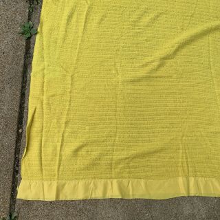 WAFFLE BLANKET - Vtg 1970s Yellow Satin - Trimmed Twin Bed Sized 82” x 68” 3