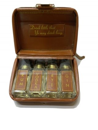 Vintage Miniature Leather Travel Suitcase Luggage Liquor Flask Bottles Mini Bar