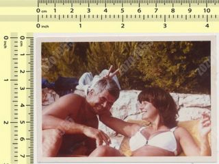 Couple On Beach,  Bikini Woman Making Bunny Ears On Shirtless Man Vintage Photo
