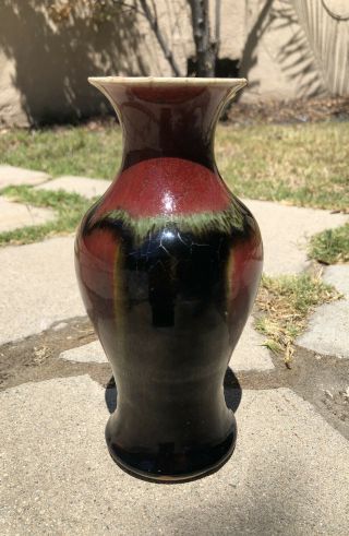 Antique Chinese Red Black Flambe Glaze Porcelain Langyao Sang De Beouf Vase Art