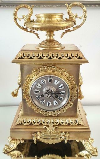 Antique French Mantle Clock Bronze Pierced Cubed Shape 8day 1880 