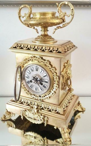 Antique French Mantle Clock Bronze Pierced Cubed Shape 8Day 1880 ' s Bell Striking 3