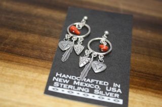 Vintage Native American Southwest Sterling Silver Post Dangle Earrings Coral