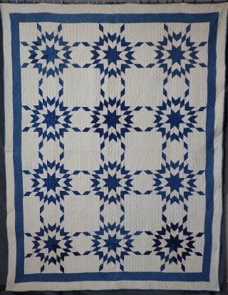 Exciting Ohio Provenance Antique 1880 Indigo Blue & White Star Quilt Denning