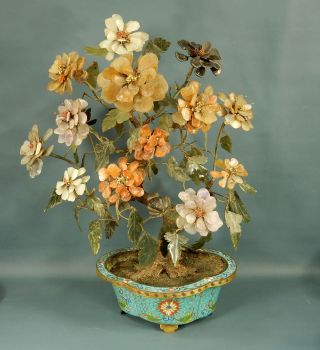 Antique Chinese Jade Tree In Cloisonne Jardiniere W/ Red Lotus Flower Design