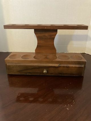 Vintage Solid Walnut Wood 6 Tobacco Pipe Stand Holder Rack With Drawer