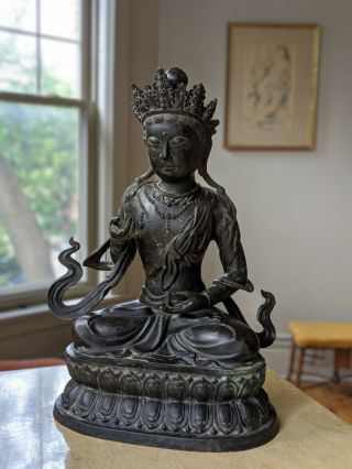 Large Antique Chinese Bronze Guanyin Ming Buddha Gilt Very Old Estate 20 " Tall
