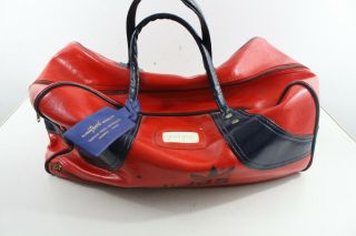 Adidas Leather Duffel Bag Vintage Navy Blue Red Gym Trefoil Logo Large