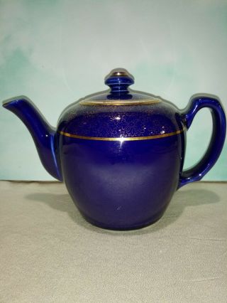 Vintage Hall 0243 6 Cup Teapot Cobalt Blue Gold Lace Top And Trim