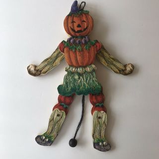Vtg Halloween Wooden Pumpkin Scarecrow Pull String Toy Ornament Same Both Sides