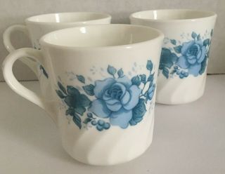 Vintage Three Corning Blue Velvet Rose Coffee Mugs Made In The Usa Df11