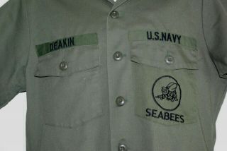 Vintage Usn Us Navy Seabees Green Short Sleeve Fatigue Uniform Shirt Militaria