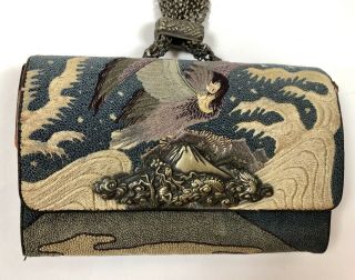 Antique Japanese Embroidery Leather Coin Purse Tobacco Pouch With Netsuke