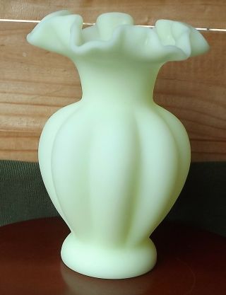 Vintage Fenton Art Glass Melon Vase Yellow Satin Custard Glass