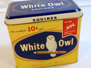 White Owl Squires Cigar Tin Metal Box W/ Lid Vintage Advertising Can Yellow Blue