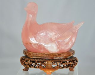 Antique Chinese Carved Rose Quartz Crystal Duck Statue On Wood Stand