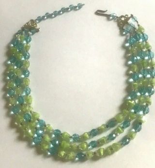 Vintage Aqua Blue Green Givre Glass Bead 3 Strand Necklace W Germany 1960 