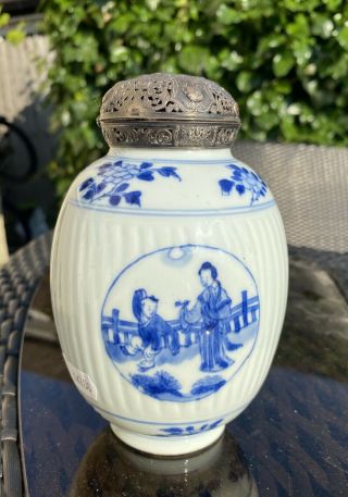 A Rare 17th Century Kangxi Period Chinese Blue And White Jar & Silver Cover