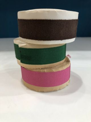 3 Vintage Ribbon Rolls 7/8” Wide Pink Brown & Green