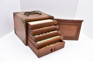 Antique 1920s Chinese Bone And Bamboo Mahjong Set 146 Tiles Mah Jongg Wood Case