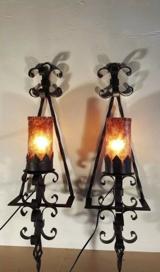 Vintage Pair Spanish Revival Wrought Iron Exterior Sconces With Mica Shades