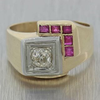 1930s Antique Art Deco 14k Yellow Gold.  75ctw Diamond Ruby Cocktail Ring