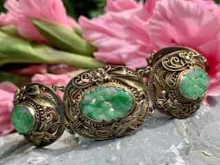 Antique Chinese Export Silver & Carved Jadeite Jade Filigree Vintage Bracelet