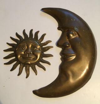 Vintage Retro Large Brass Sun And Moon Wall Art Plaques