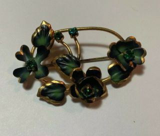 Vintage Brooch Pin Gold Tone Austria Flower Enamel Green Rhinestones