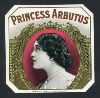 Old Princess Arbutus Cigar Label - Young Lady,  Pearls,  Gold Trim