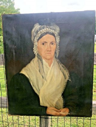 Antique 19th C Folk Painting Portrait Of Woman On Canvas Lace Bonnet Signed