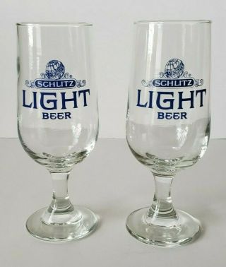 Vintage Set Of 2 Schlitz Light Beer Stemmed Glasses With Logo In Blue
