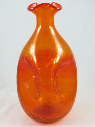 Vtg Blenko Tangerine Crackle Art Glass Pinch Decanter Orange Decor Bottle 49