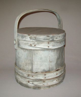 Old Antique Vtg 19th C 1800s Wooden Firkin Gray Paint Dry Surface 10 " T